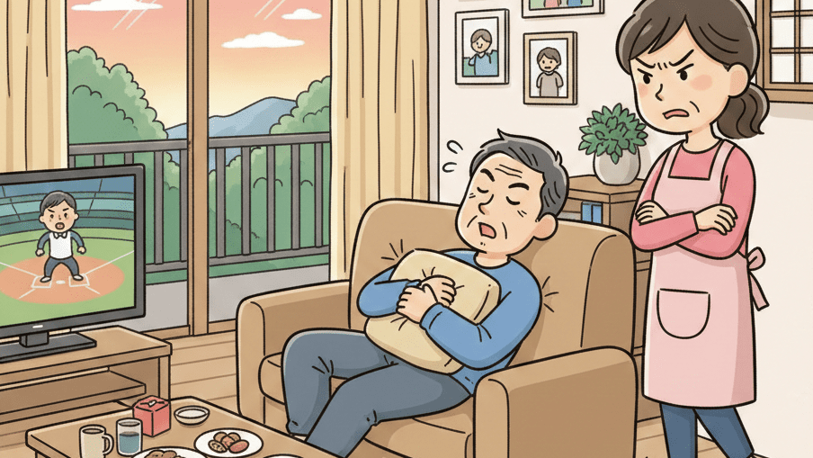リビングで横になってテレビを見ている日本人50代の男（亭主）を書いて。そばで女性（妻）が腕を組んで立腹しています。