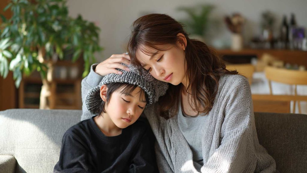我が子を心配して看病するママ