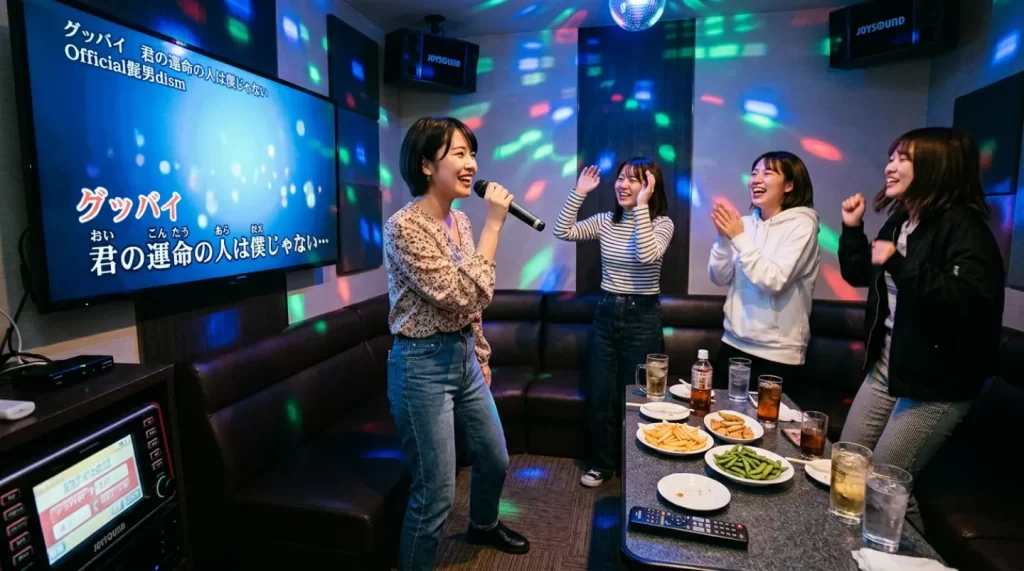 カラオケボックスで歌を歌いながら、はしゃいでいる女性グループ