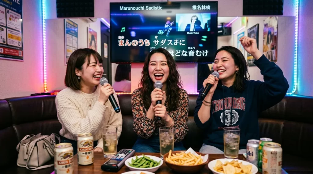 カラオケ店でカラオケを歌って、くつろいでいる女性